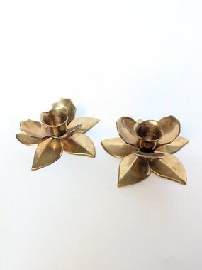 Pair of Vintage Brass Lotus Flower Candlestick Holders Made in India